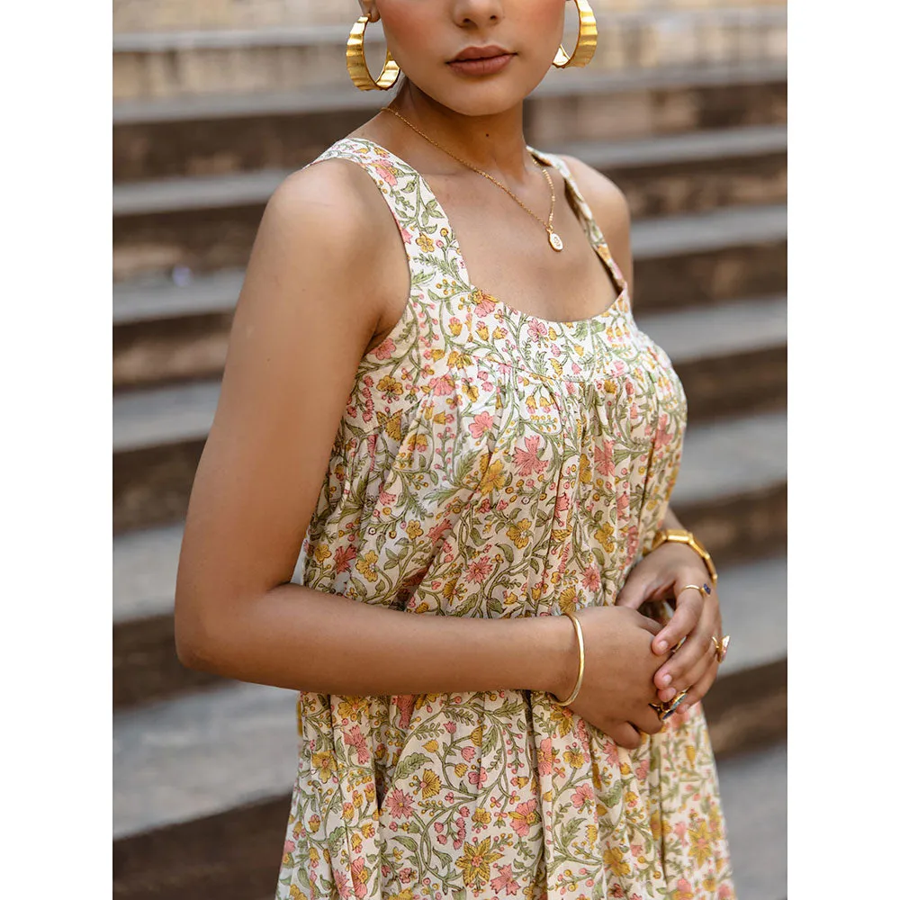 MARCHE Margarita Beige Printed Cotton Tiered Midi Dress