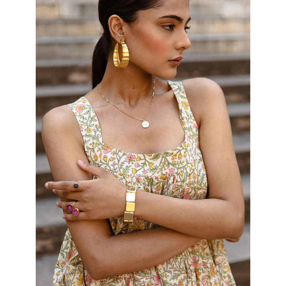 MARCHE Margarita Beige Printed Cotton Tiered Midi Dress