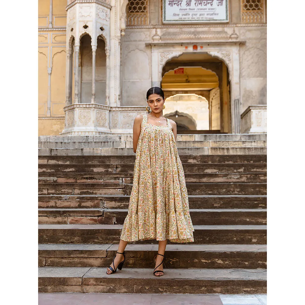 MARCHE Margarita Beige Printed Cotton Tiered Midi Dress