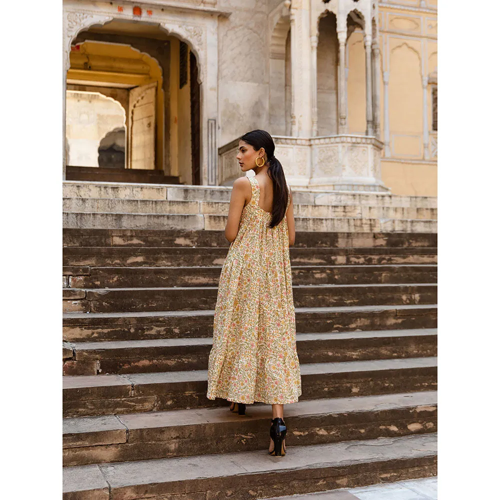 MARCHE Margarita Beige Printed Cotton Tiered Midi Dress