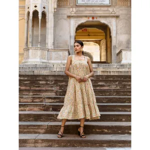 MARCHE Margarita Beige Printed Cotton Tiered Midi Dress