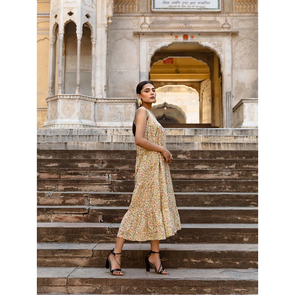 MARCHE Margarita Beige Printed Cotton Tiered Midi Dress