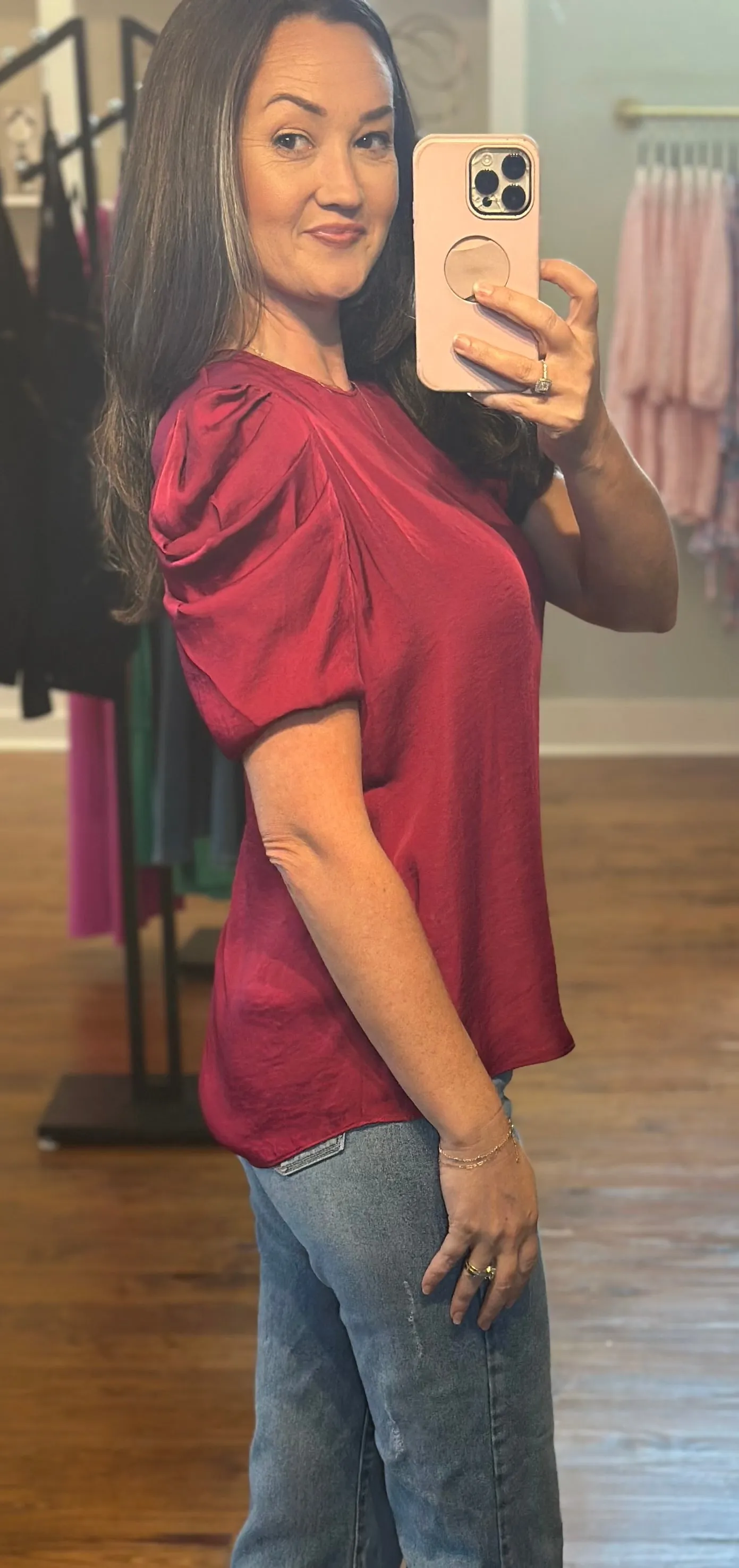 Maroon/Crimson Draped Sleeve Blouse