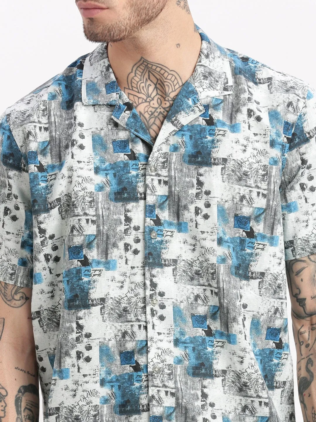 Men Sea Green Abstract Cuban Collar Co Ords Set