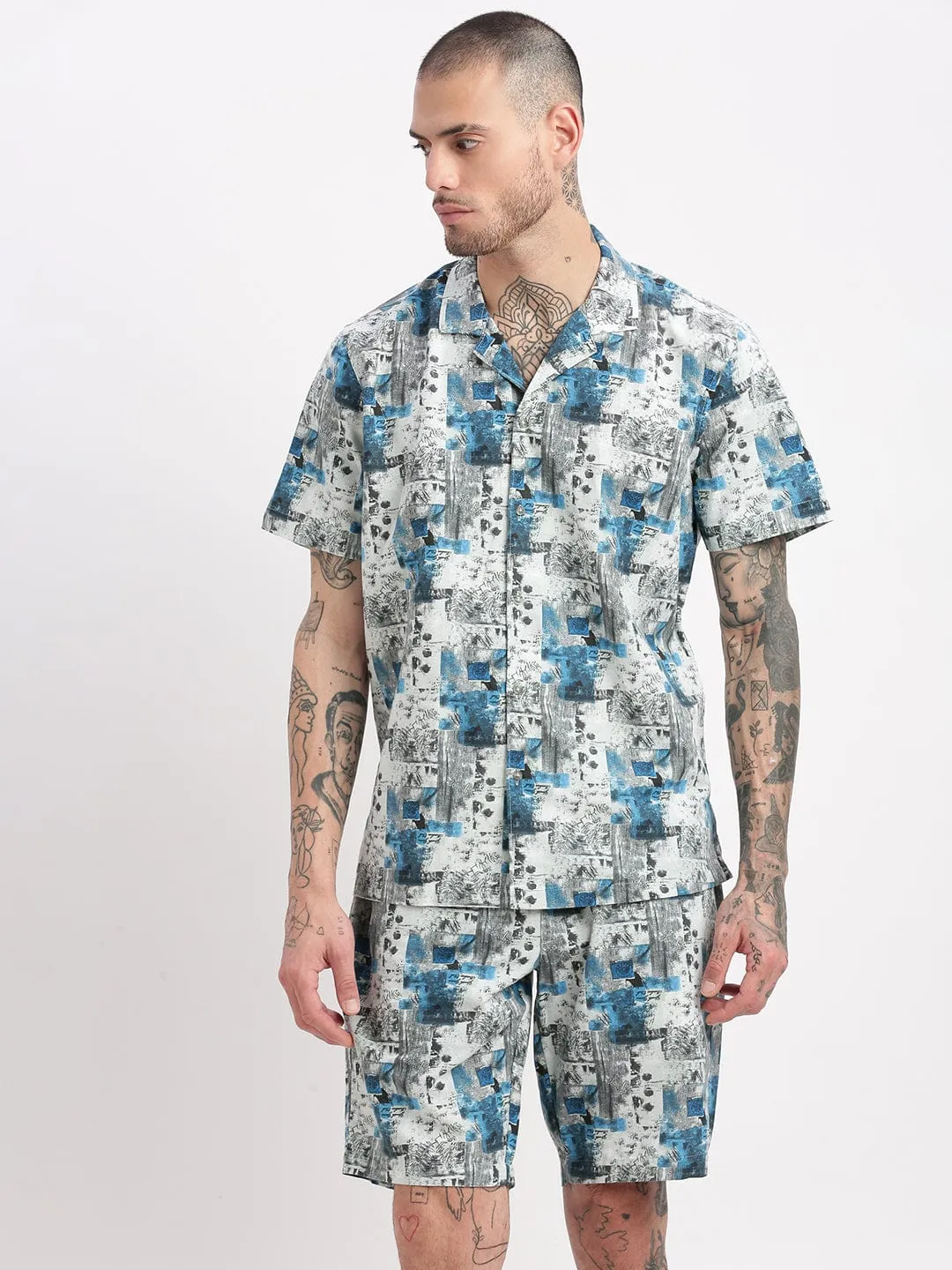 Men Sea Green Abstract Cuban Collar Co Ords Set