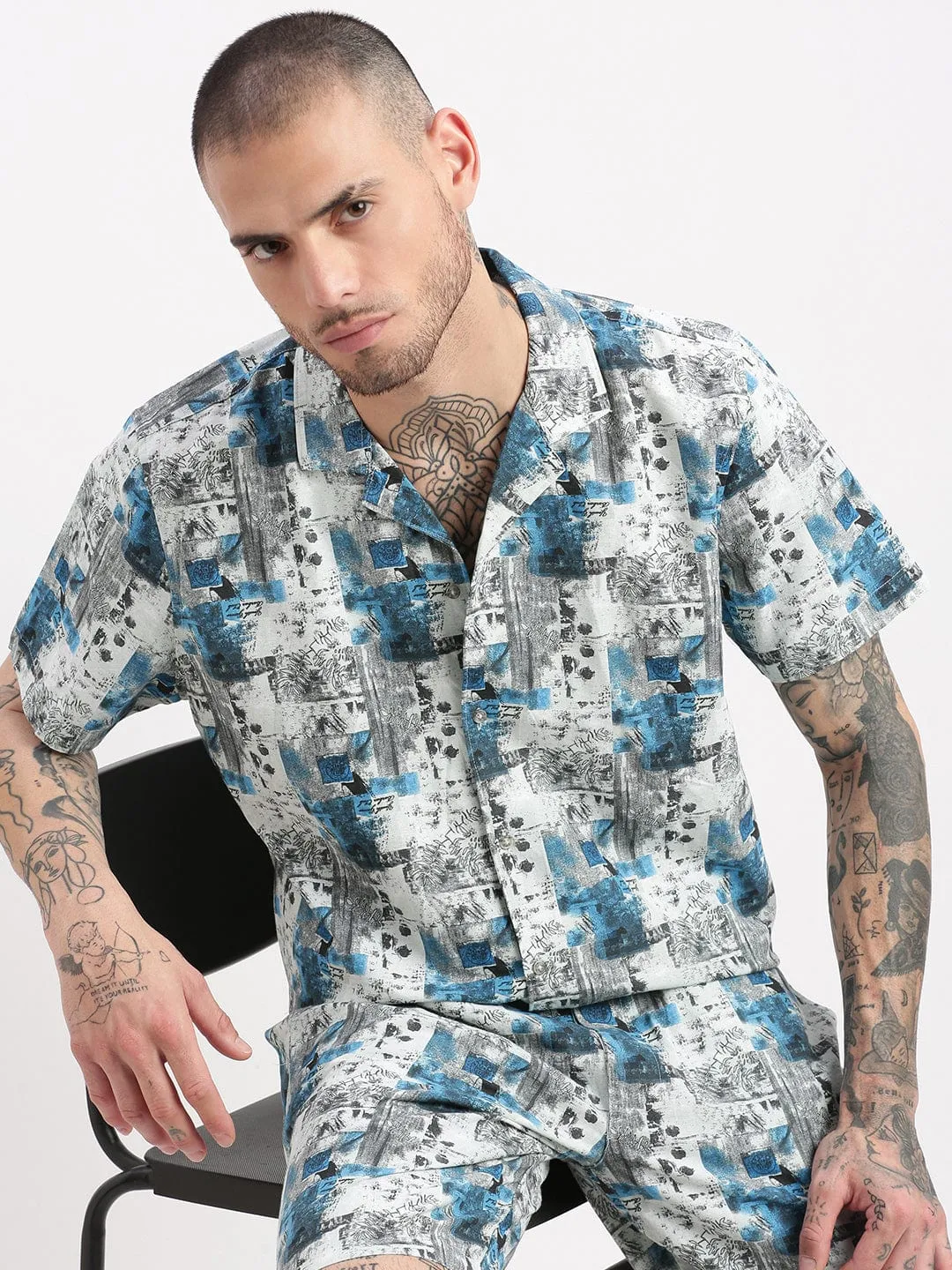Men Sea Green Abstract Cuban Collar Co Ords Set