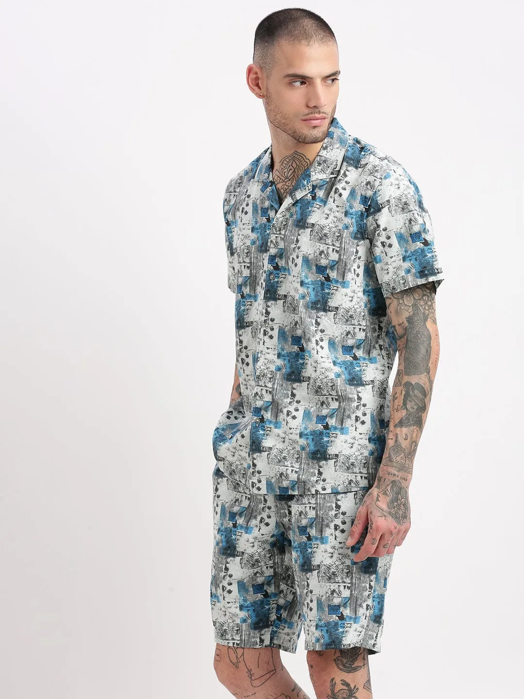 Men Sea Green Abstract Cuban Collar Co Ords Set