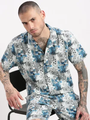 Men Sea Green Abstract Cuban Collar Co Ords Set