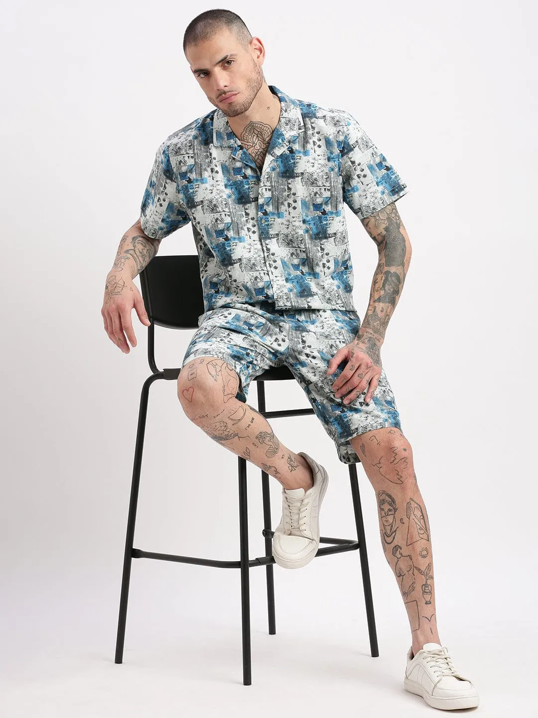 Men Sea Green Abstract Cuban Collar Co Ords Set