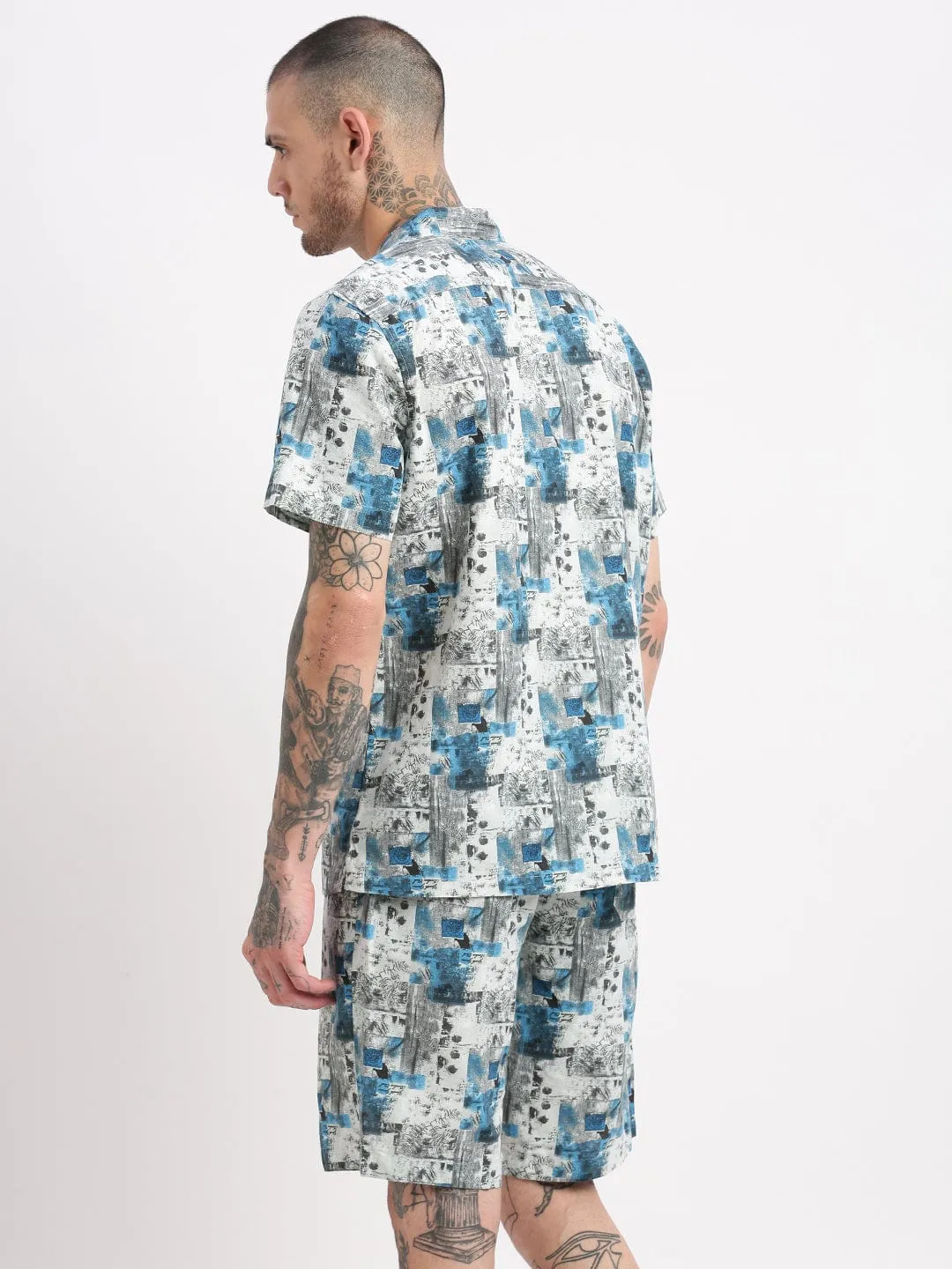 Men Sea Green Abstract Cuban Collar Co Ords Set