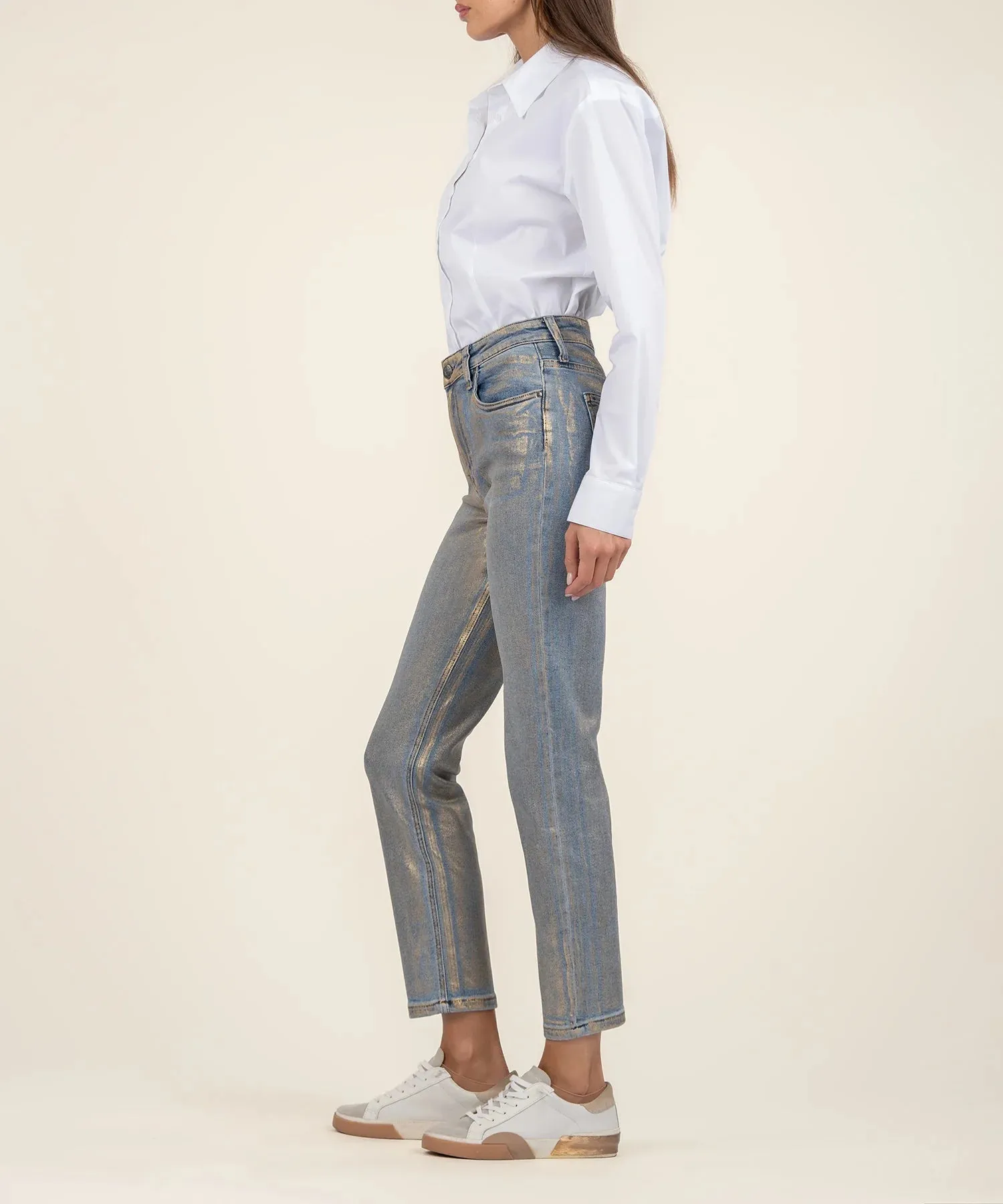Metallic Coated Gold Wash Straight-Leg Jeans