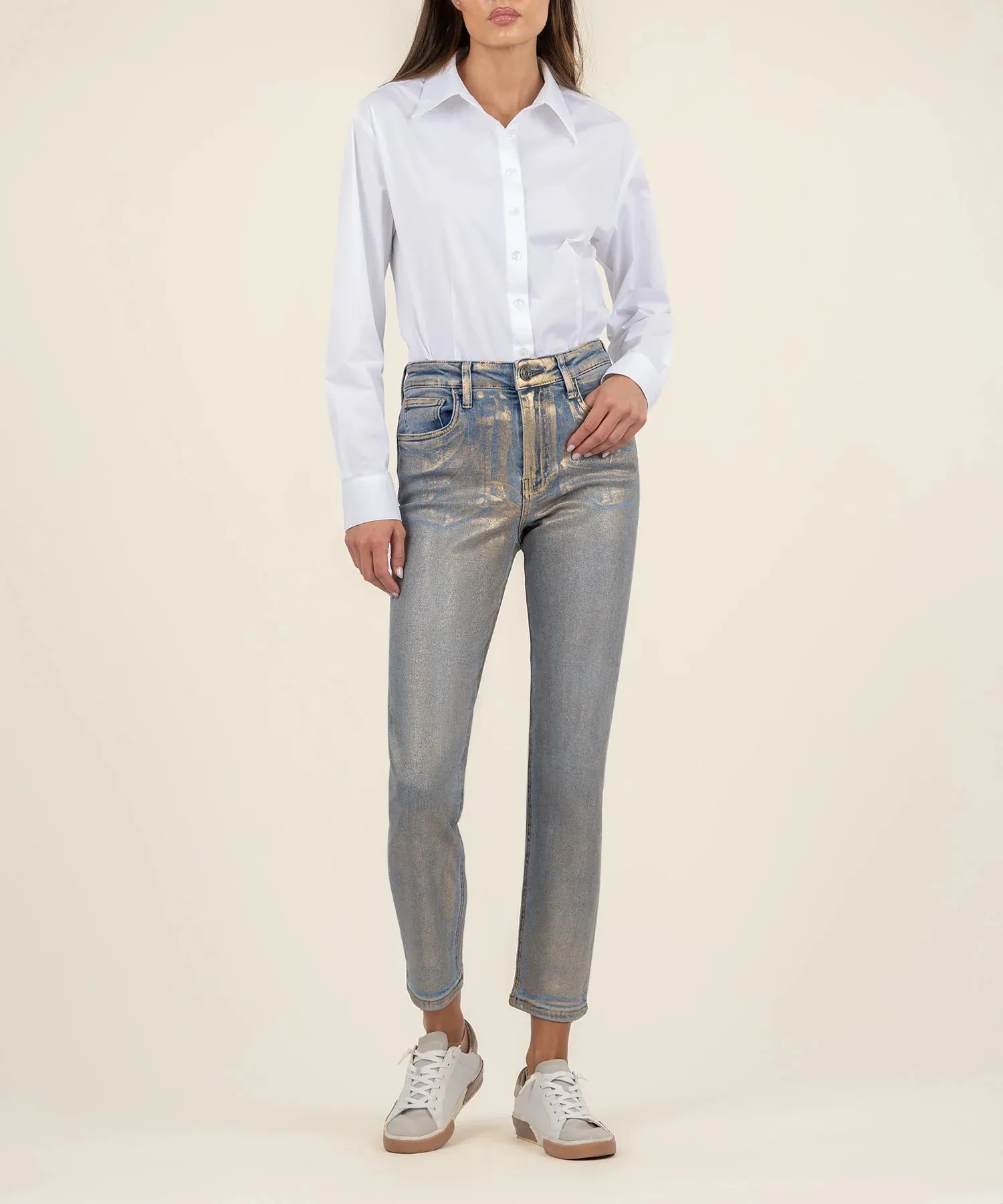 Metallic Coated Gold Wash Straight-Leg Jeans