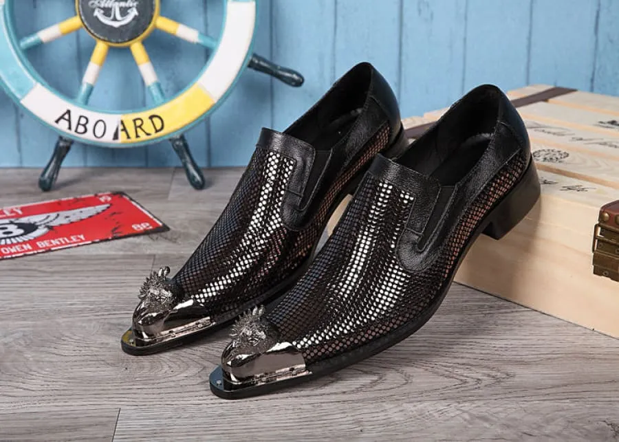 Metallic Gold and Silver Pointed Toe Leather Formal Shoes