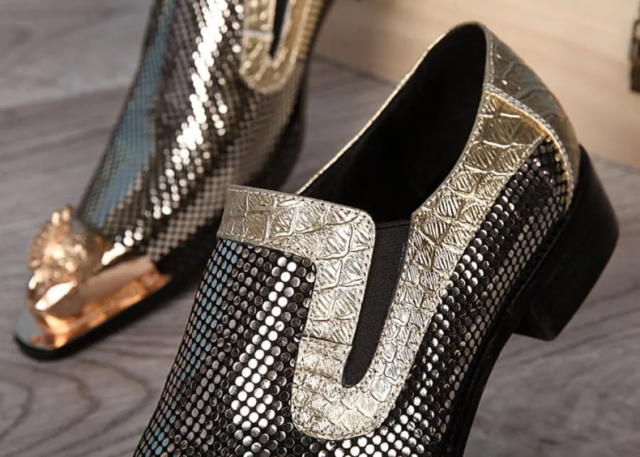 Metallic Gold and Silver Pointed Toe Leather Formal Shoes