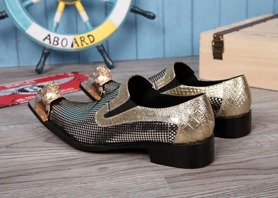 Metallic Gold and Silver Pointed Toe Leather Formal Shoes