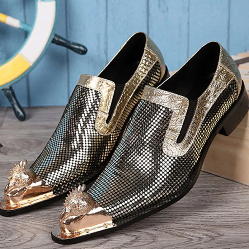 Metallic Gold and Silver Pointed Toe Leather Formal Shoes