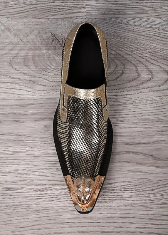 Metallic Gold and Silver Pointed Toe Leather Formal Shoes