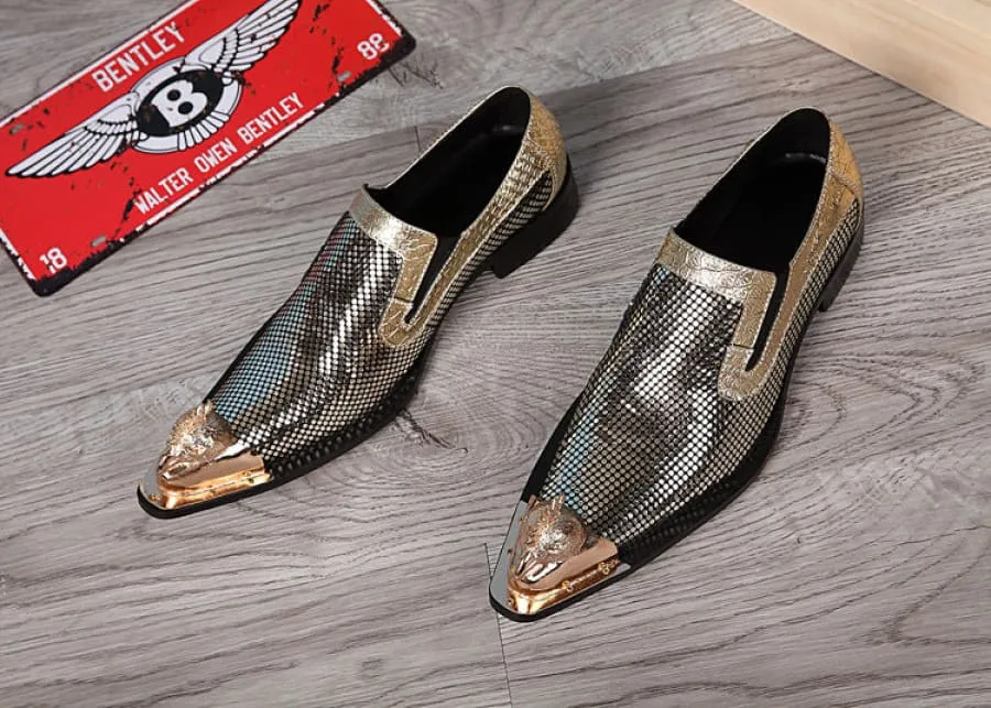 Metallic Gold and Silver Pointed Toe Leather Formal Shoes