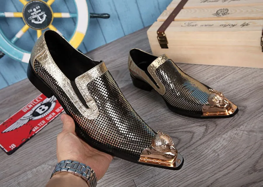 Metallic Gold and Silver Pointed Toe Leather Formal Shoes