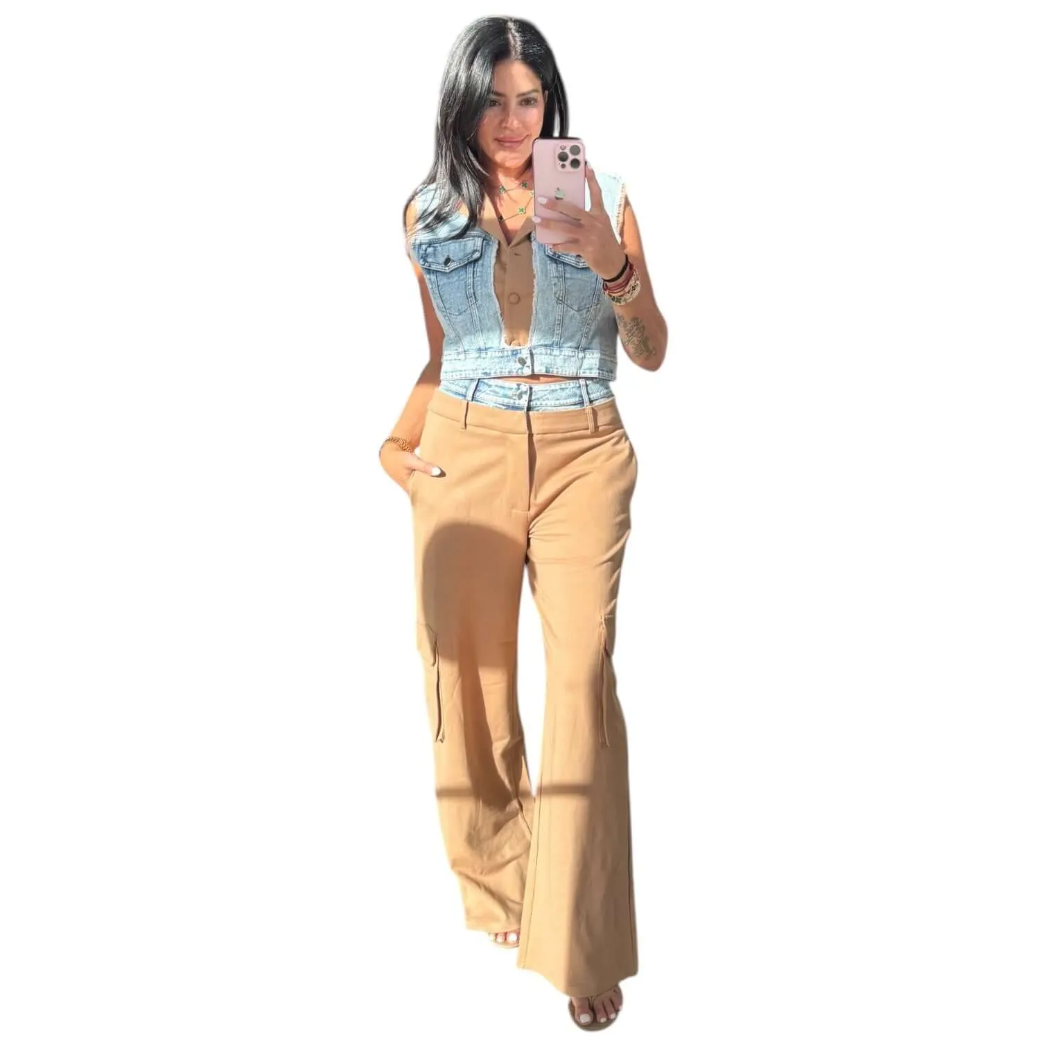 Mixed Fabric Denim Vest and Cargo Pants Set - Beige