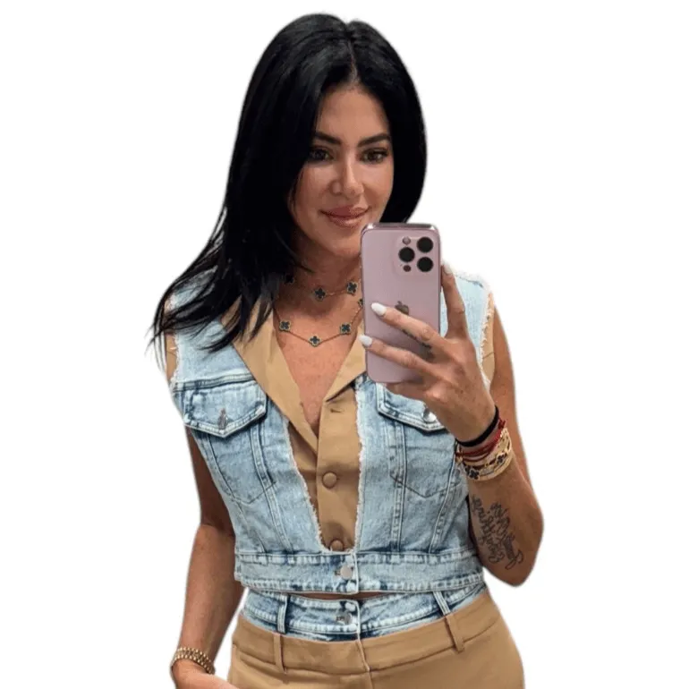 Mixed Fabric Denim Vest and Cargo Pants Set - Beige