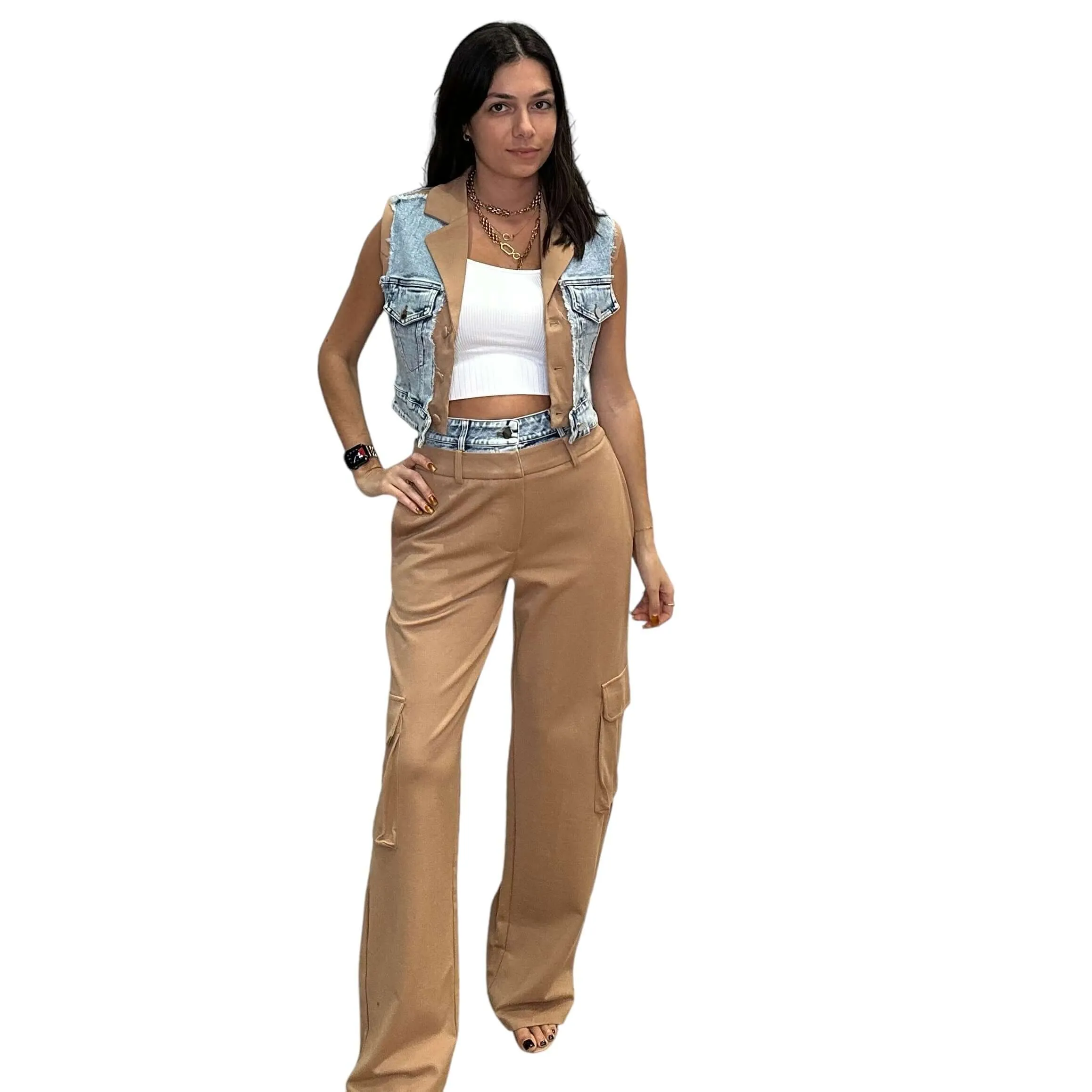 Mixed Fabric Denim Vest and Cargo Pants Set - Beige
