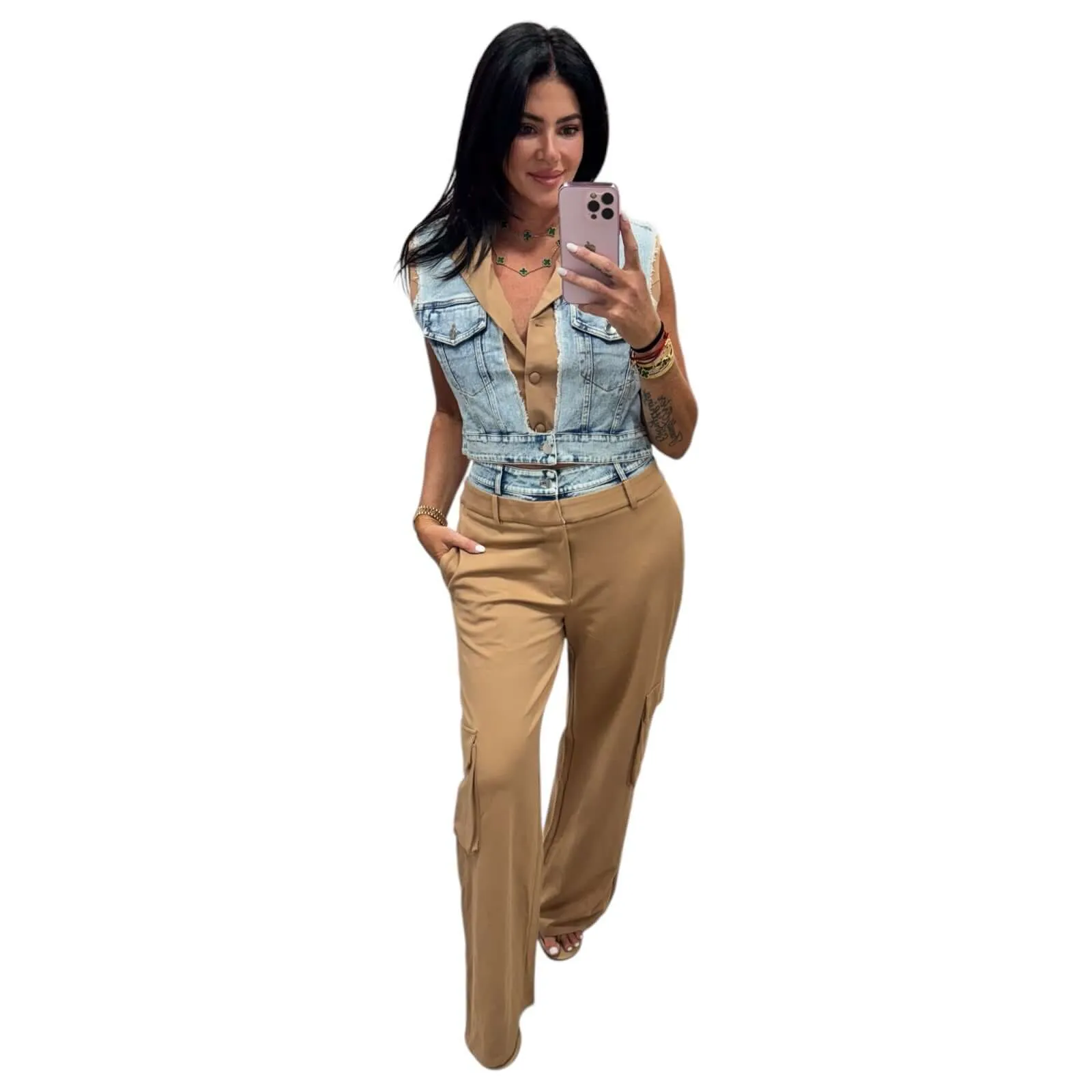 Mixed Fabric Denim Vest and Cargo Pants Set - Beige