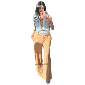 Mixed Fabric Denim Vest and Cargo Pants Set - Beige