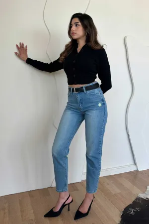 Mom Jeans - High-Waist Medium Blue Washed