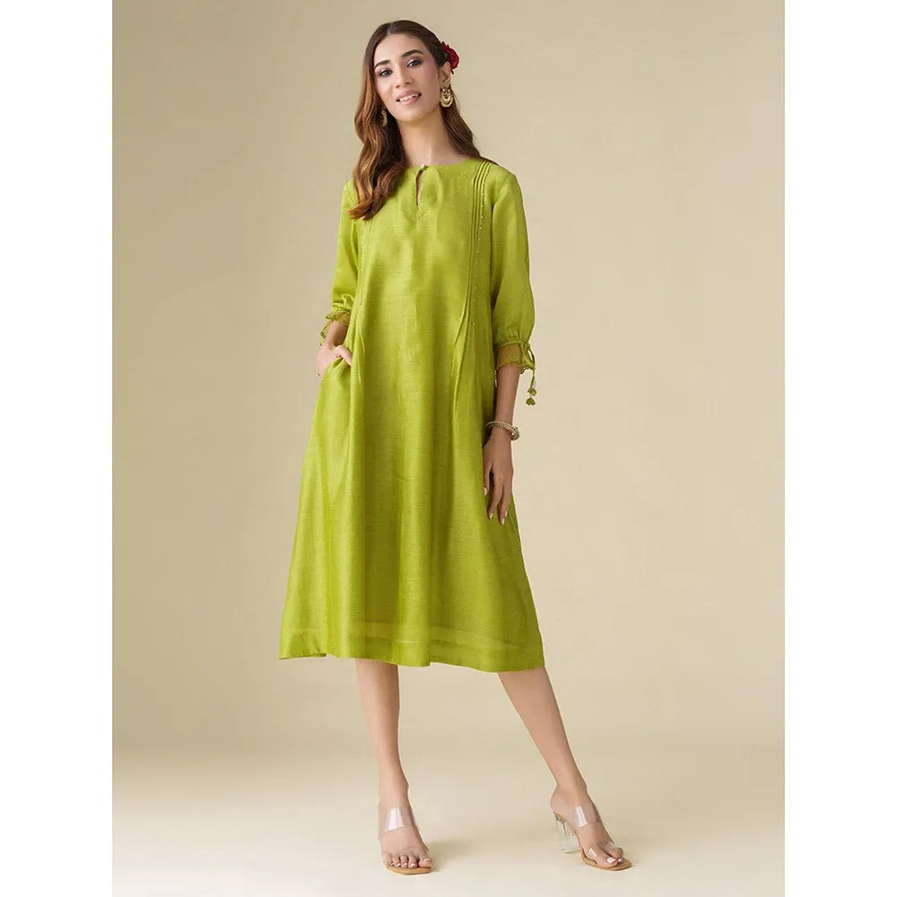 Mushio Lime Green Flowy Chanderi Paavni Dress