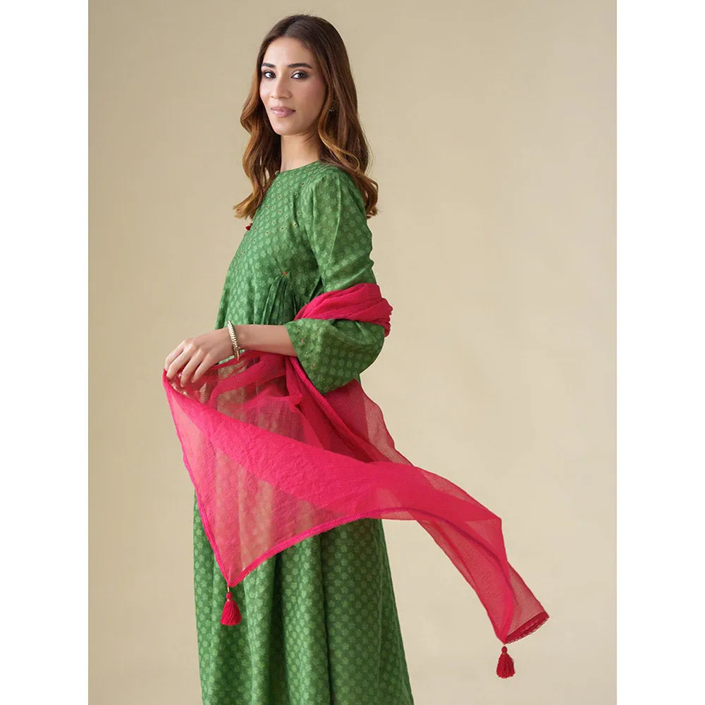 Mushio Magenta Kota Dupatta with Crochet Lace and Tassel Detailing