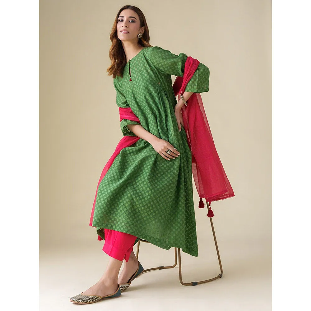Mushio Magenta Kota Dupatta with Crochet Lace and Tassel Detailing