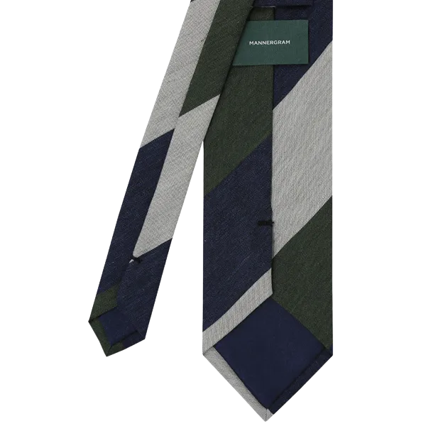 Navy Olive Grey Stripe Silk Tie - 3 Fold