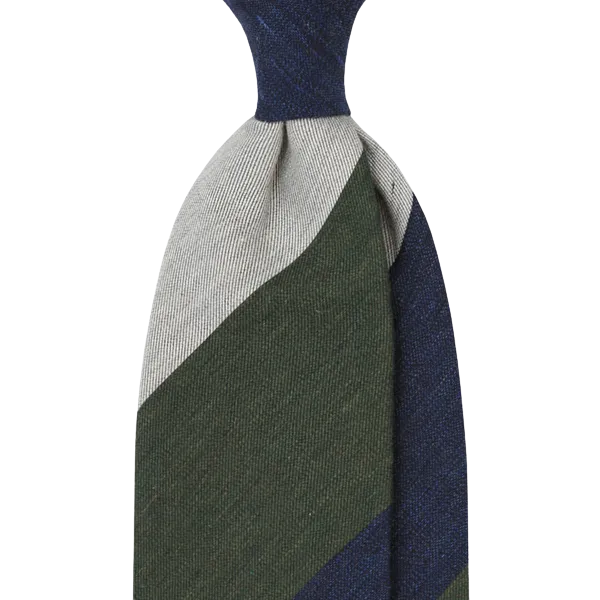 Navy Olive Grey Stripe Silk Tie - 3 Fold