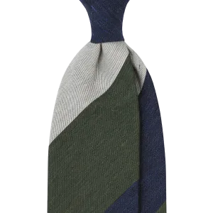 Navy Olive Grey Stripe Silk Tie - 3 Fold