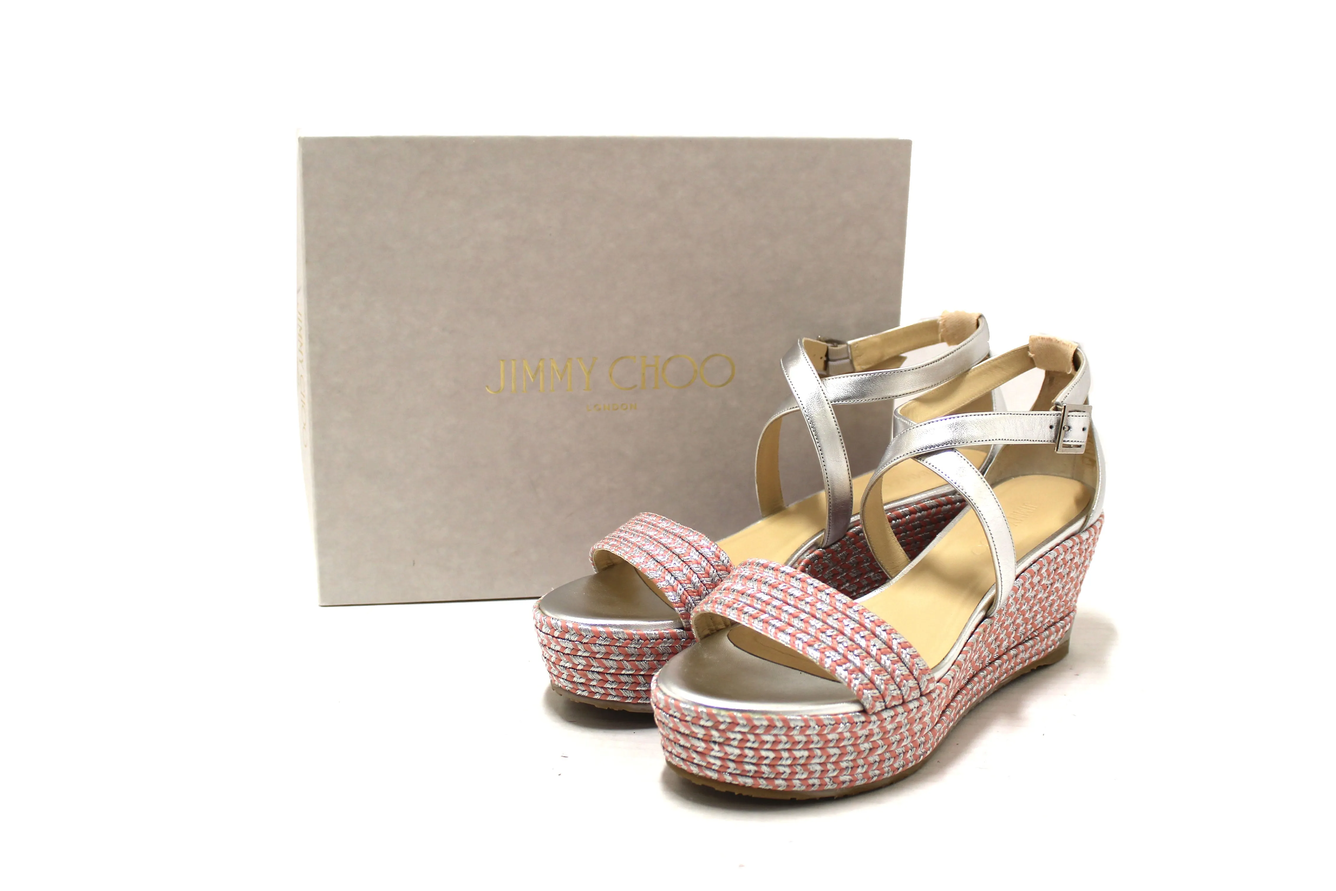 NEW Jimmy Choo Silver Nappa Leather Espadrille Wedge Sandal 39