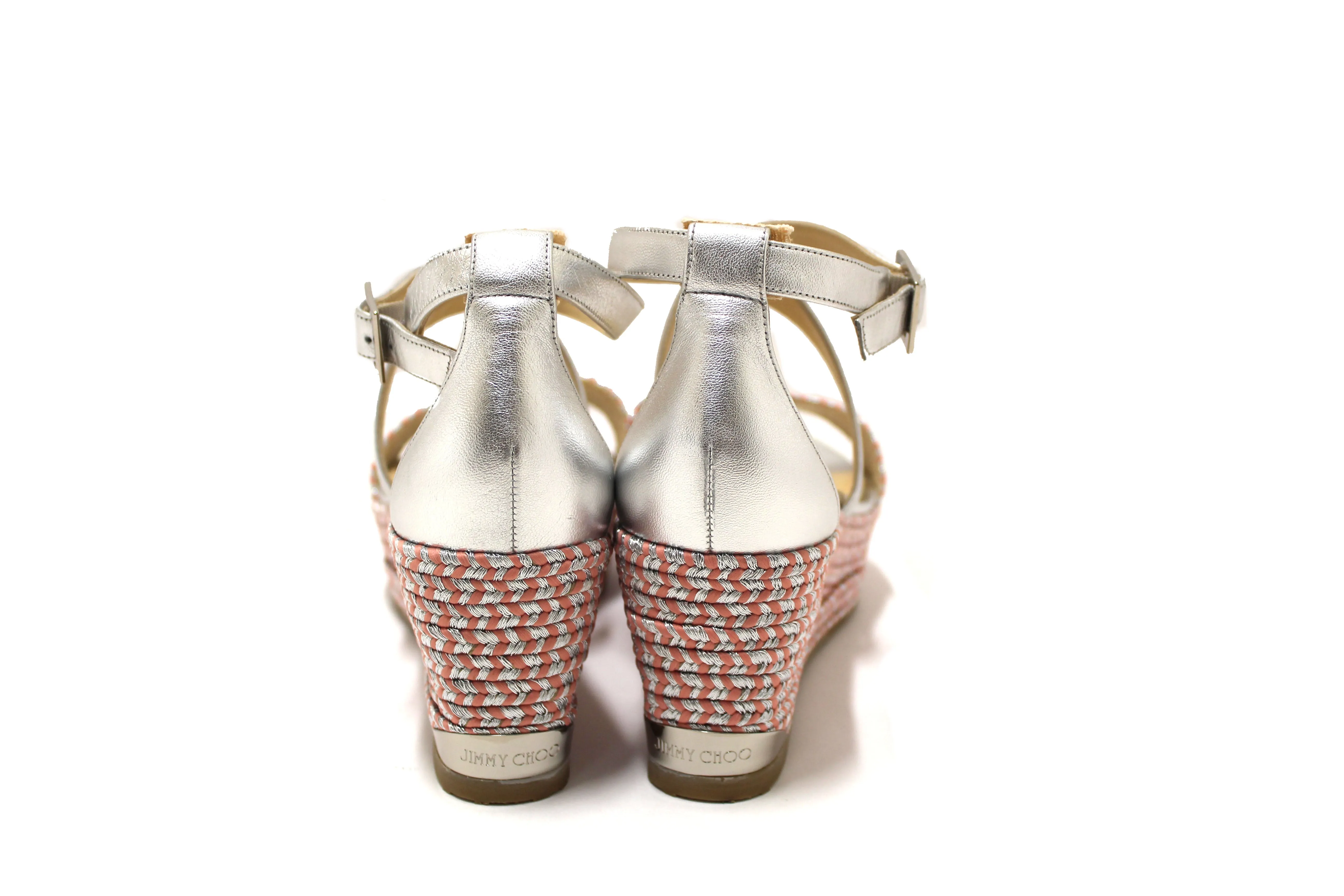 NEW Jimmy Choo Silver Nappa Leather Espadrille Wedge Sandal 39