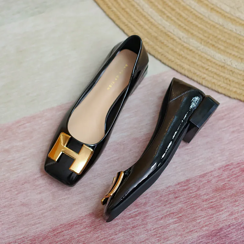 Nude Block Heels Closed Toe Chunky Heel Patent Leather Shoes