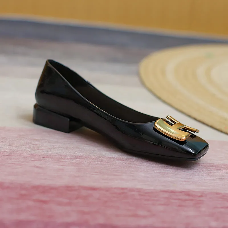 Nude Block Heels Closed Toe Chunky Heel Patent Leather Shoes