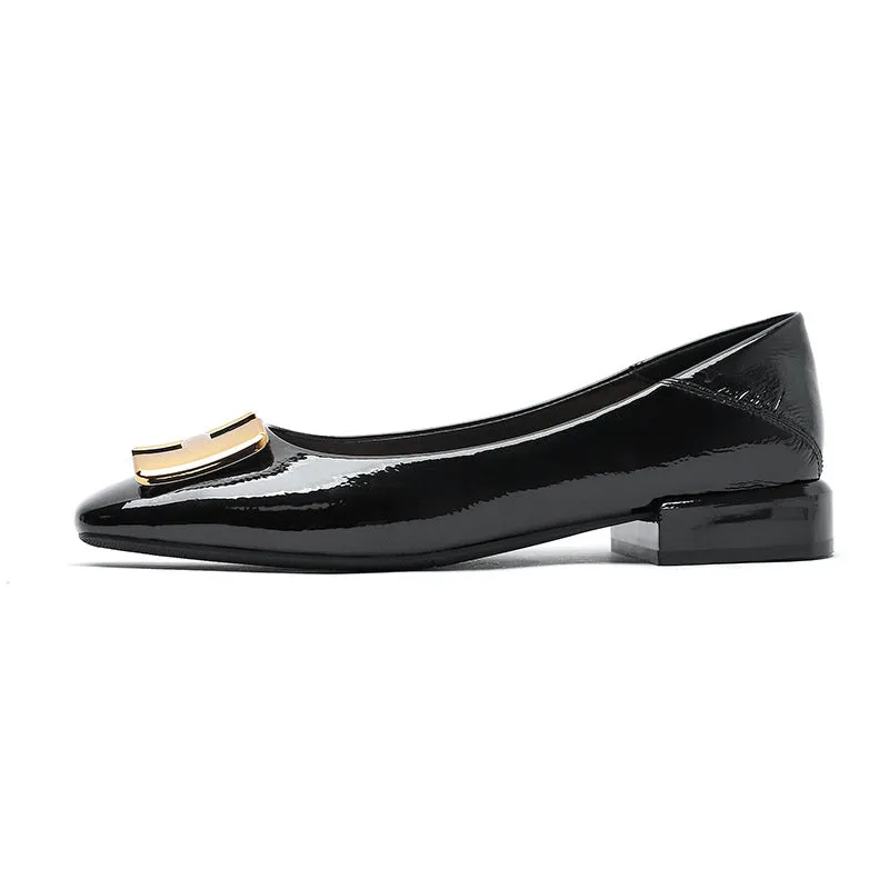 Nude Block Heels Closed Toe Chunky Heel Patent Leather Shoes