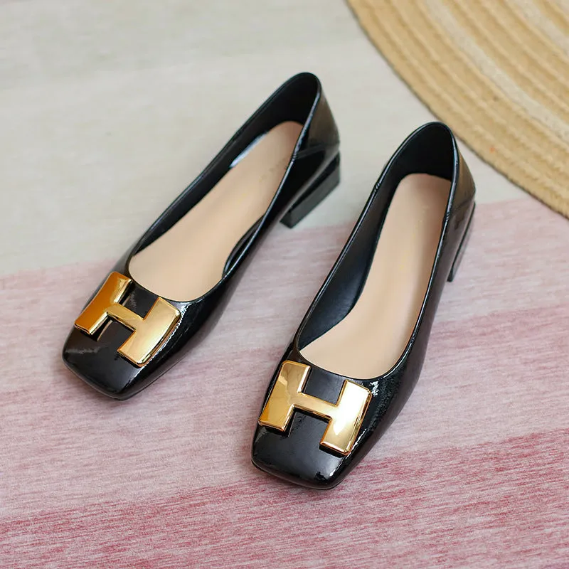 Nude Block Heels Closed Toe Chunky Heel Patent Leather Shoes
