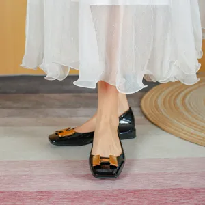 Nude Block Heels Closed Toe Chunky Heel Patent Leather Shoes