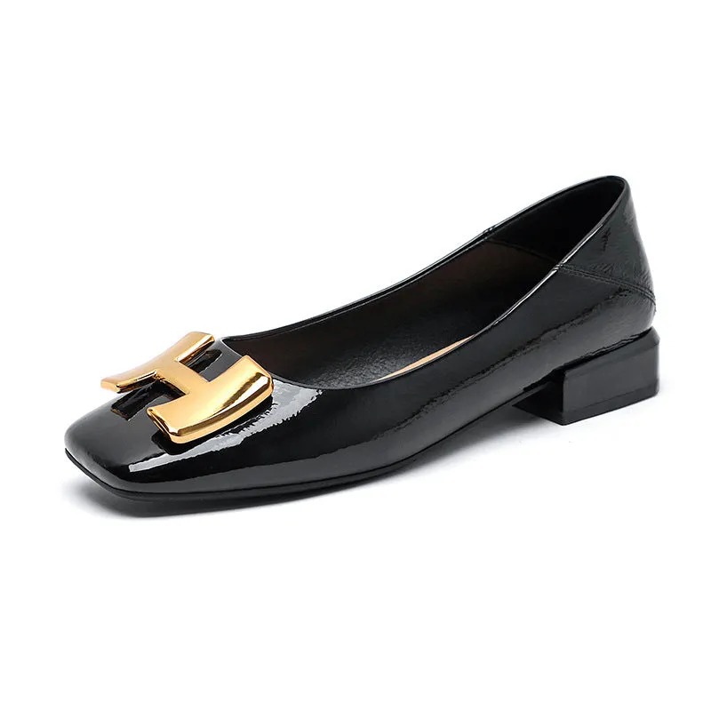 Nude Block Heels Closed Toe Chunky Heel Patent Leather Shoes
