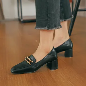 Nude Block Heels Closed Toe Pumps Women's Autumn Chunky Heel Small Leather Shoes Women