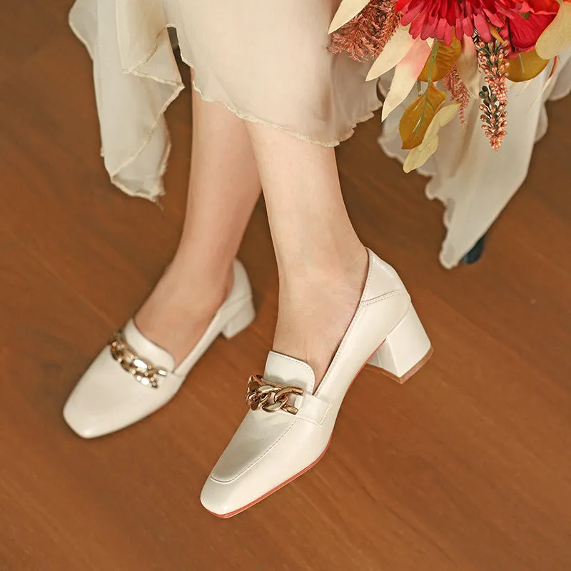 Nude Block Heels Closed Toe Pumps Women's Autumn Chunky Heel Small Leather Shoes Women