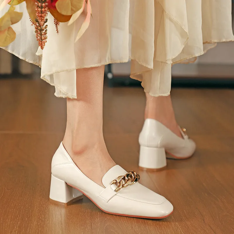Nude Block Heels Closed Toe Pumps Women's Autumn Chunky Heel Small Leather Shoes Women
