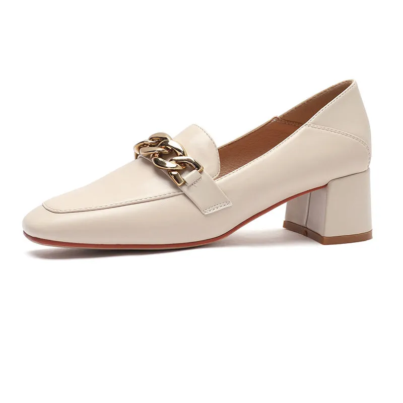 Nude Block Heels Closed Toe Pumps Women's Autumn Chunky Heel Small Leather Shoes Women