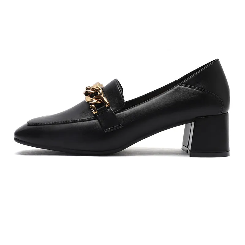 Nude Block Heels Closed Toe Pumps Women's Autumn Chunky Heel Small Leather Shoes Women