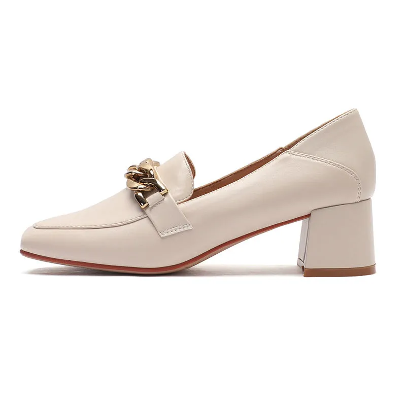 Nude Block Heels Closed Toe Pumps Women's Autumn Chunky Heel Small Leather Shoes Women
