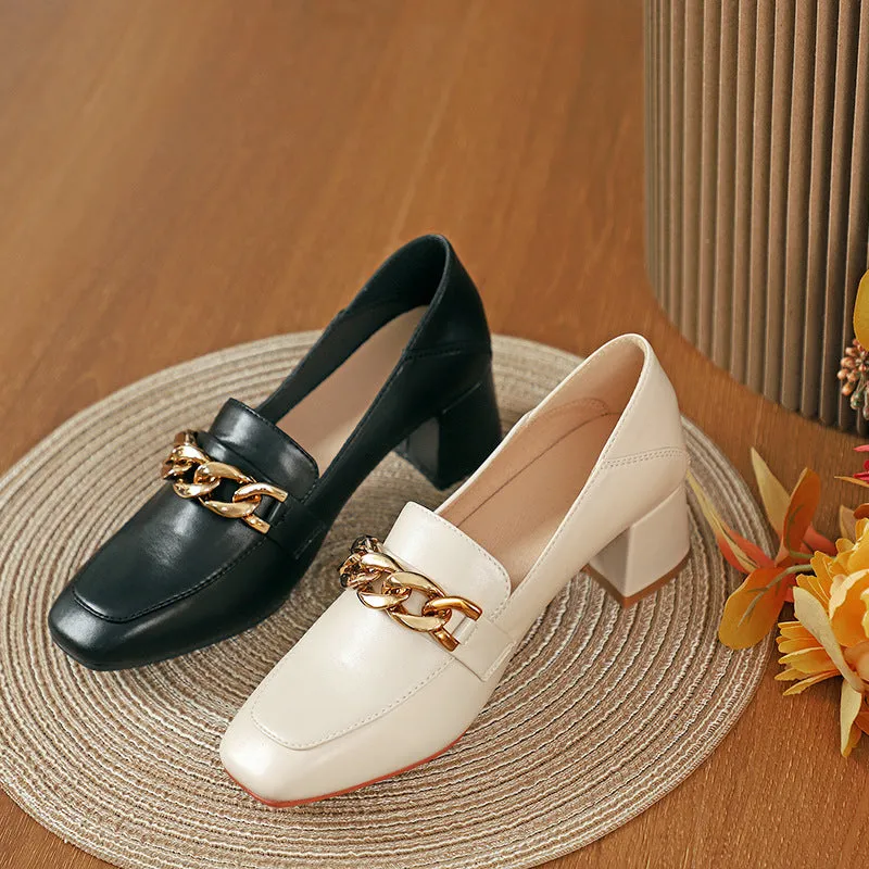 Nude Block Heels Closed Toe Pumps Women's Autumn Chunky Heel Small Leather Shoes Women